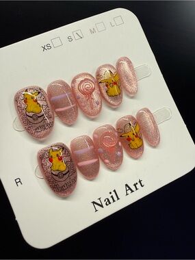 Pikachu Coral Pink Glitter Press-On Nail Set in Small